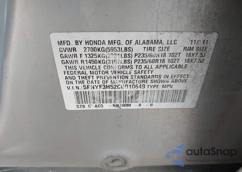 2012 Honda Pilot Ex-L z USA, uszkodzony, nr VIN 5FNYF3H52CB010649